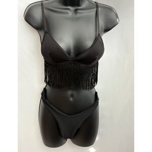 Black Two Piece Lingerie Dancewear Set Tassel Fringe Top Cheeky Bikini Bottoms S